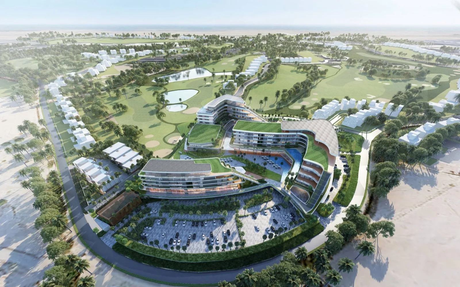 Aerial rendering of the Golf Hills buildings on the Muscat Hills course, with villas along the fairways