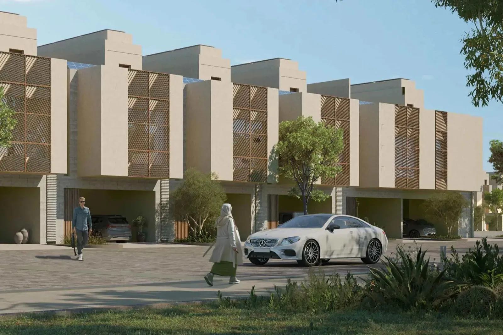 Architect's rendering of three-storey townhouses with timber screens and covered parking at Hay Al Wafa in Sultan Haitham City, on the western edge of Al Maabilah