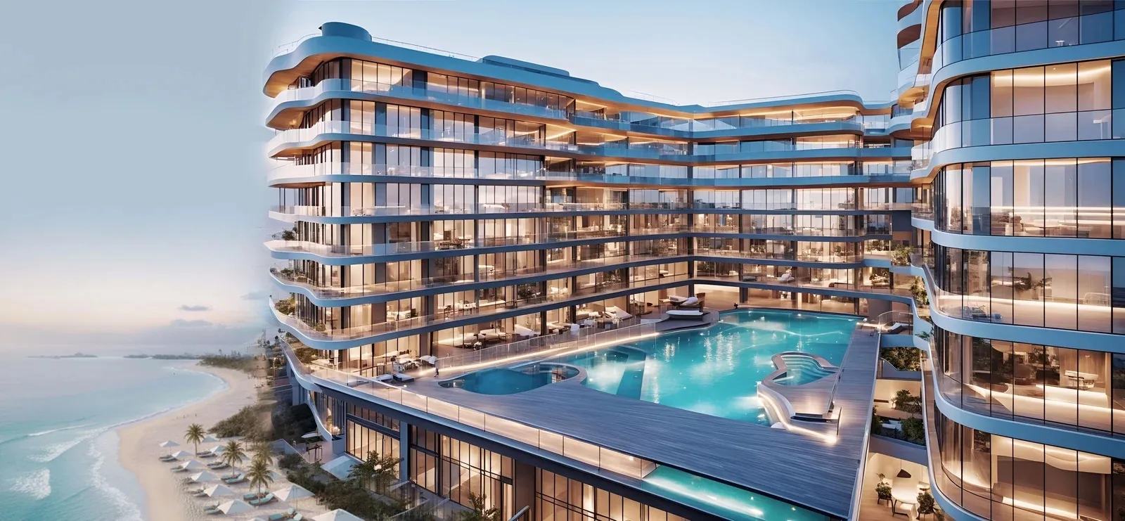 Architect's rendering from Vistal in Al Mouj, next door to Al Hail North: a curved apartment block with glass fronts and wave-shaped balconies around a large pool deck, with a beach, palms and parasols on the left